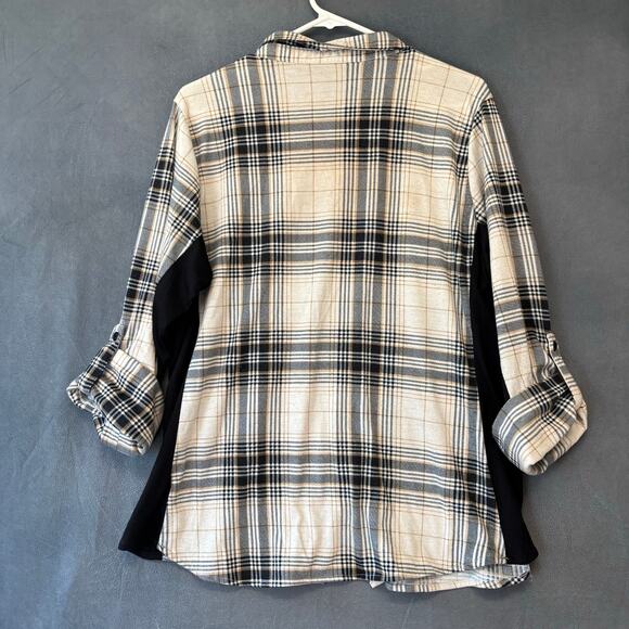 Plaid Flannel Button Up Shirt Beige Black Check 1X Plus Size Preppy Skate Casual - Picture 2 of 12